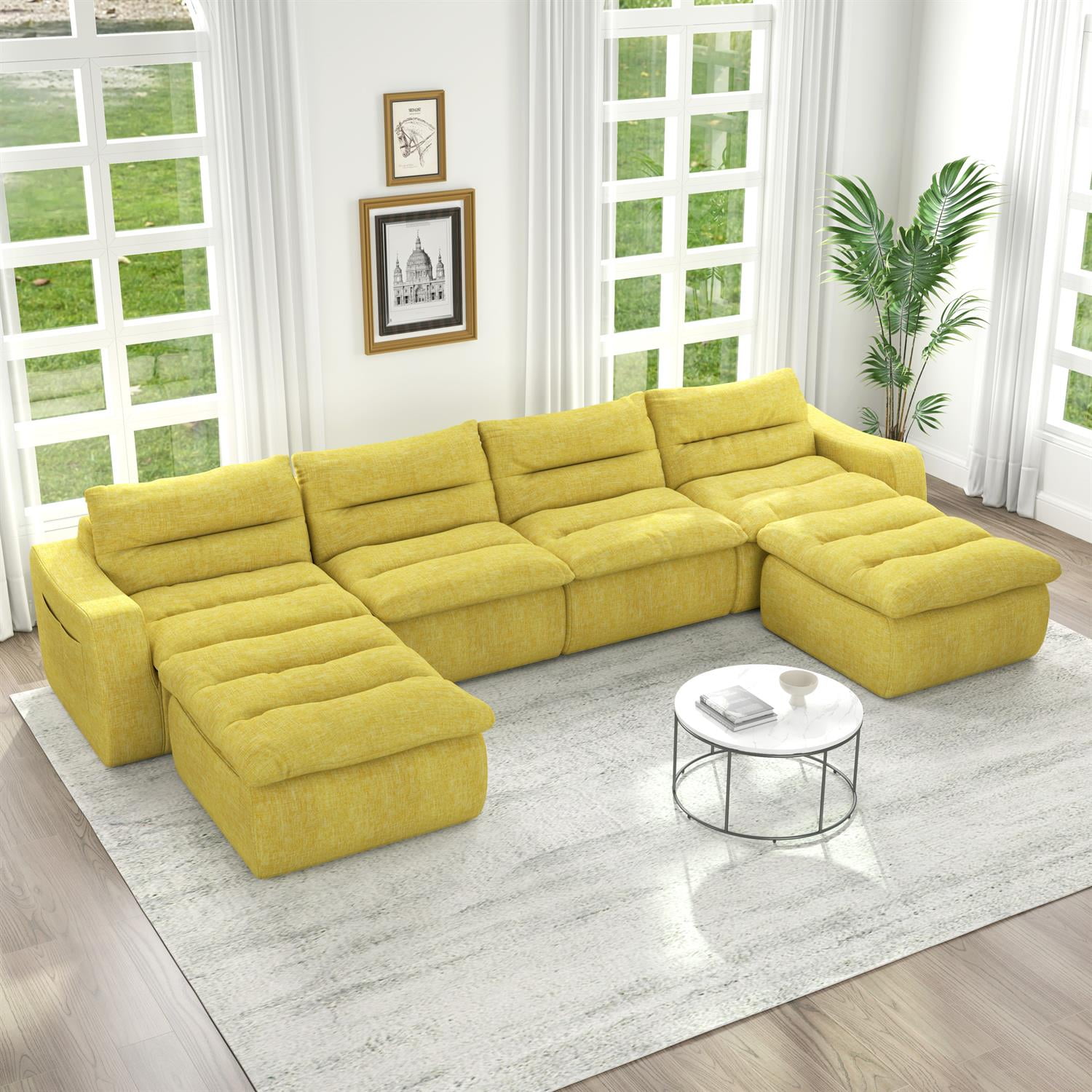 Demi Bonn 150" Modern L-Shaped Modular Sofa, Comfortable Beanbag Style, Stylish Lazy Couch for Living Rooms and Relaxation, Yellow