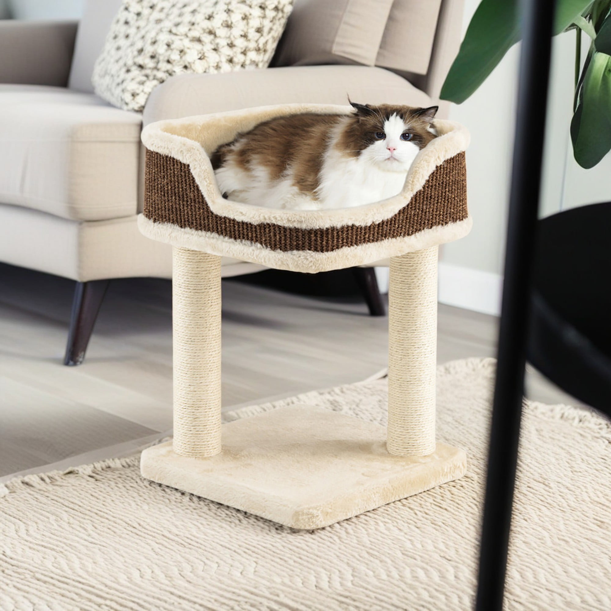 Kadyn 16" Cat Tree Tower for Indoor Cats with Large Plush Perch, Natural Sisal Scratching Post for Small Cats, Beige