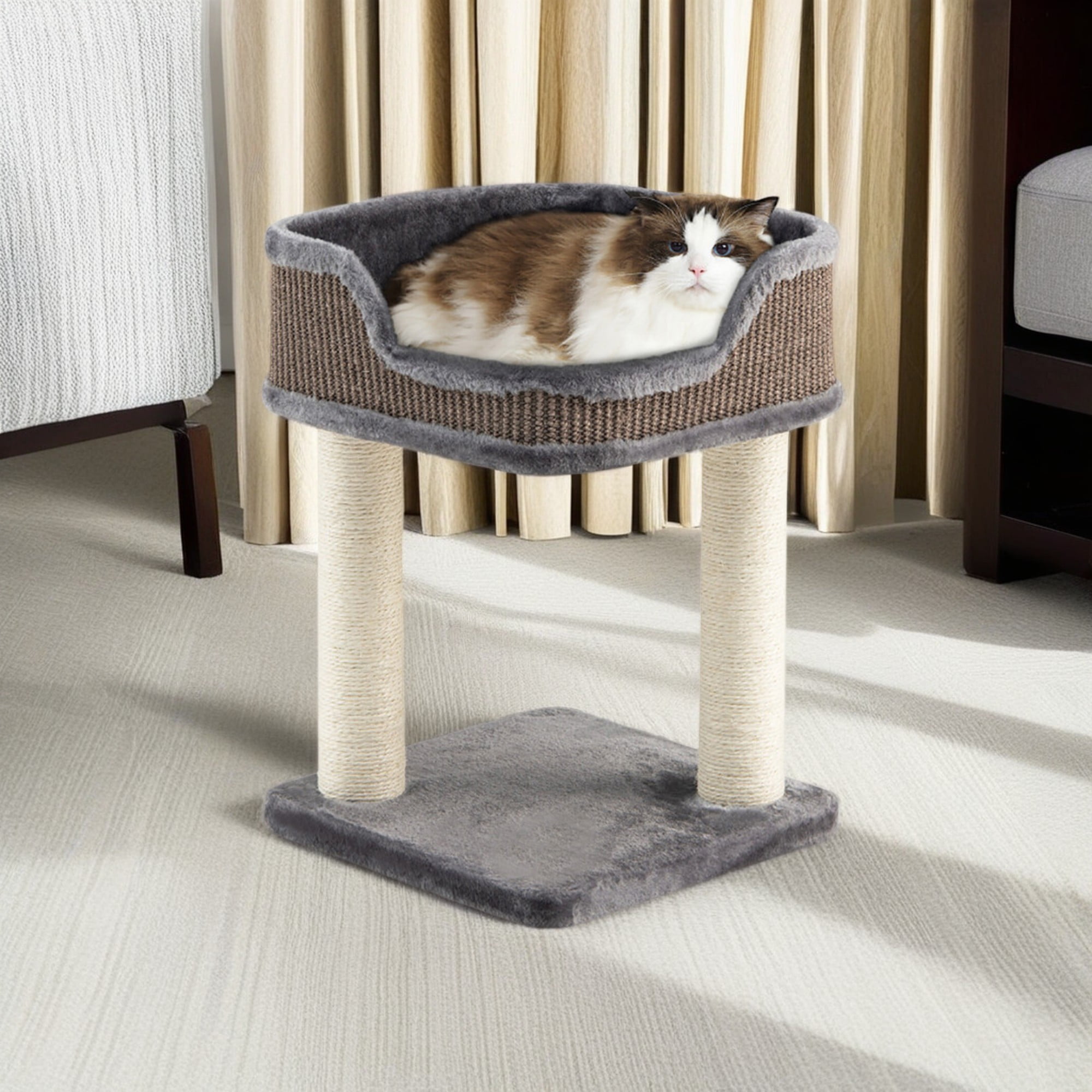 Kadyn 16" Cat Tree Tower for Indoor Cats with Large Plush Perch, Natural Sisal Scratching Post for Small Cats, Gray