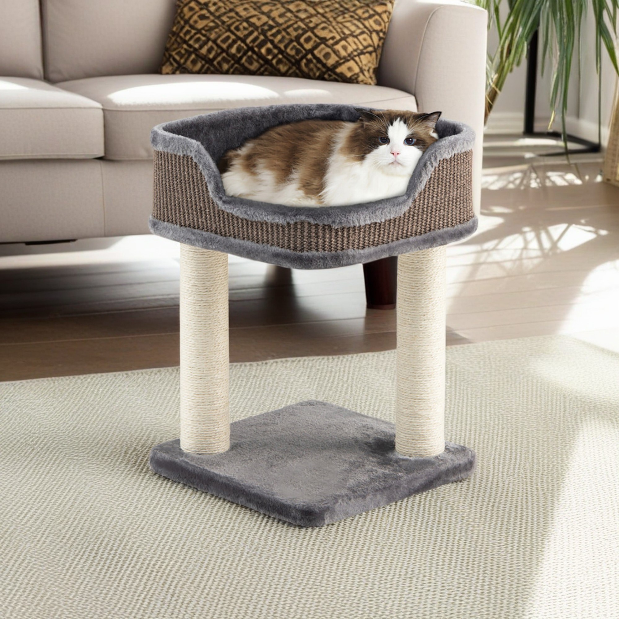 resenkos 16" Multi-Level Cat Tree with Scratching Posts and Large Plush Perch, Cat Climbing Tree Tower for Indoor Cats, Gray