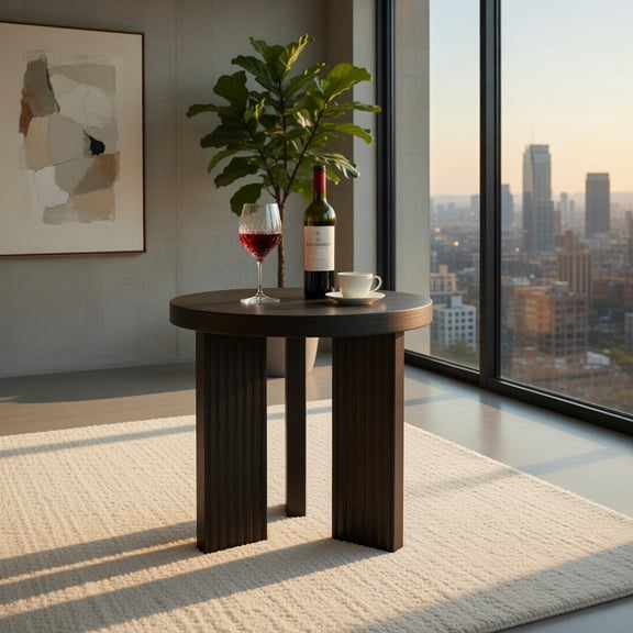 Demi Bonn 16" Round Wooden Side Table, Formaldehyde-Free Waterproof Fluted Leg Accent Table for Living Room, Bedroom & Lounge, 3-Leg Stable Design, Soft Rounded Edges, Black