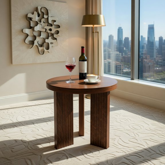 Demi Bonn 16" Round Wooden Side Table, Formaldehyde-Free Waterproof Fluted Leg Accent Table for Living Room, Bedroom & Lounge, 3-Leg Stable Design, Soft Rounded Edges, Red