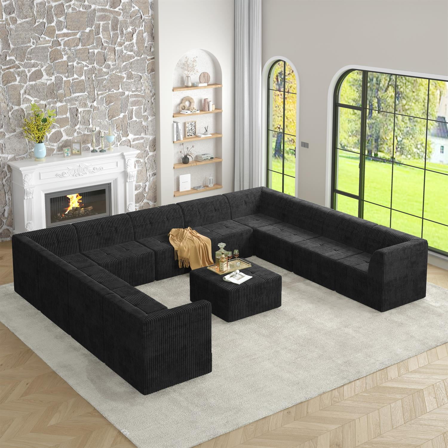 Demi Bonn 163" U-Shaped Modular Sectional Sofa, Modern Minimalist Style DIY Compressed Corduroy Couch for Living Room & Bedroom, Black