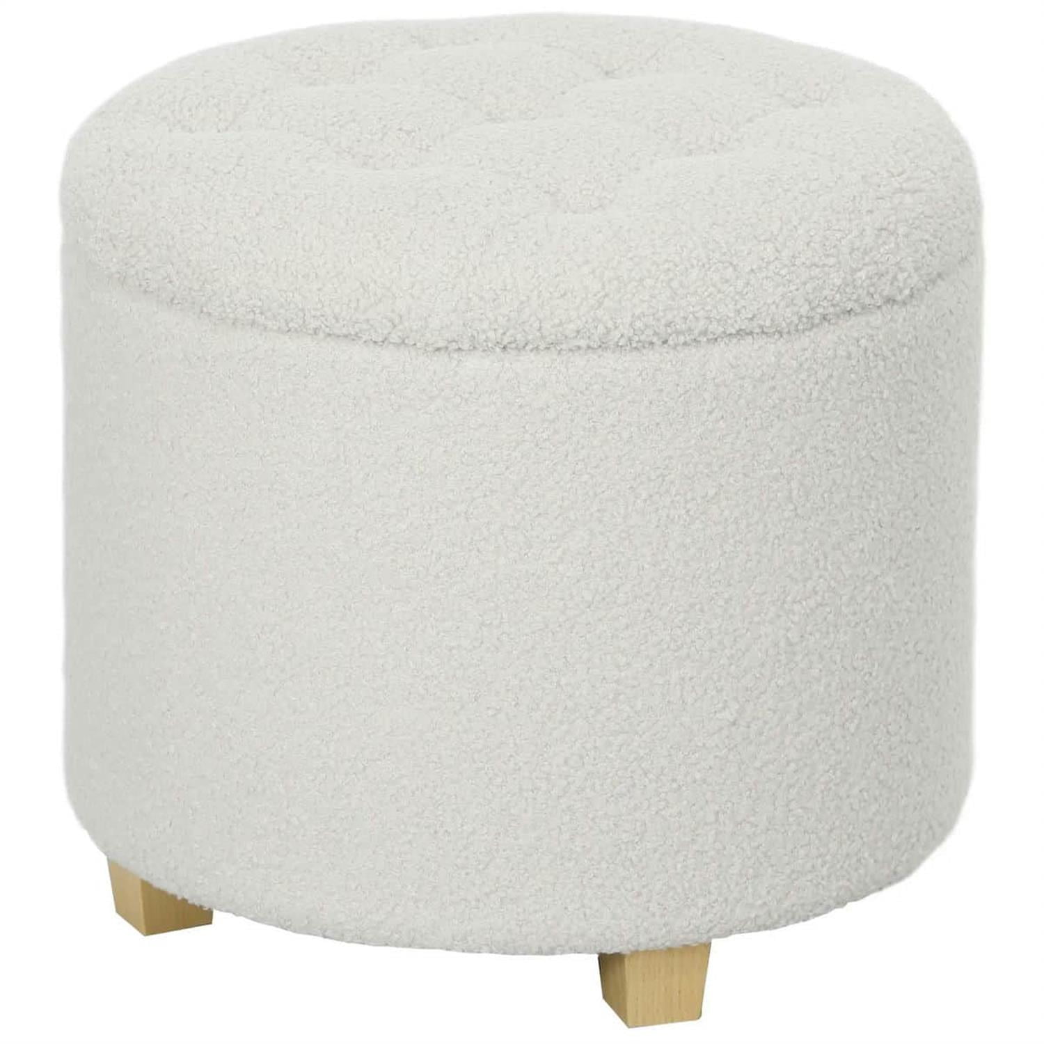 Demi Bonn 17" Round Ottoman with Storage, Wooden Legs, Cozy Teddy Fleece Tufted Footstool Lid for Living Room Hallway, White