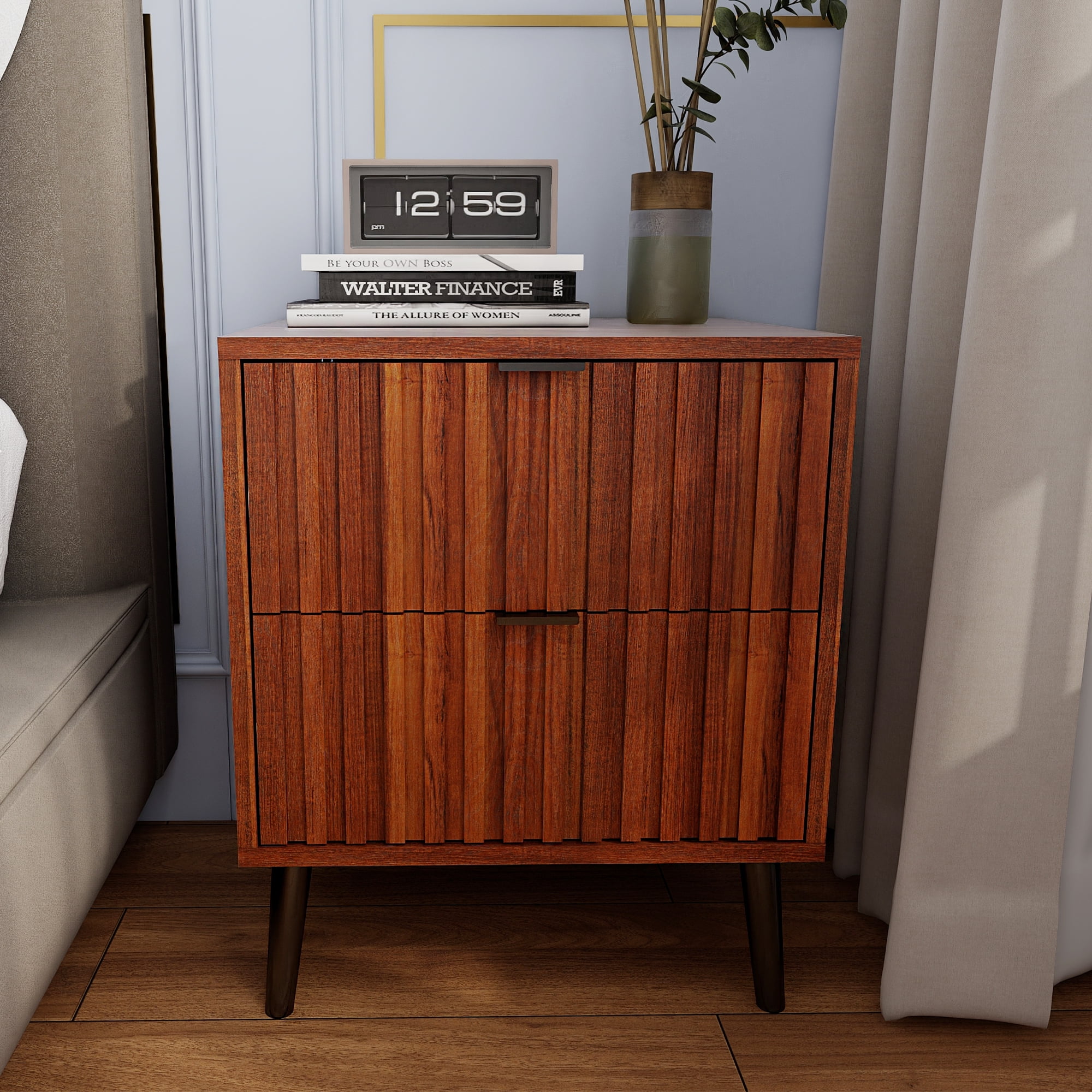 Demi Bonn 17" Wooden Nightstand with 2 Drawers, Rustic Modern Bedside Cabinet for Bedroom, Night Stand End Table with Ample Space, Brown