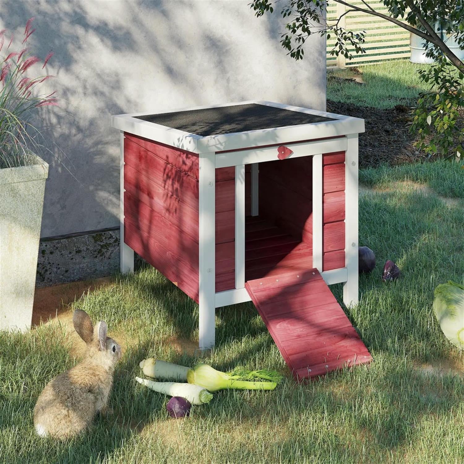 Demi Bonn 17" Wooden Rabbit Hutch with Openable & Waterproof Roof, Outdoor Bunny Cage for Cats, Bunnies, Guinea Pigs, Red