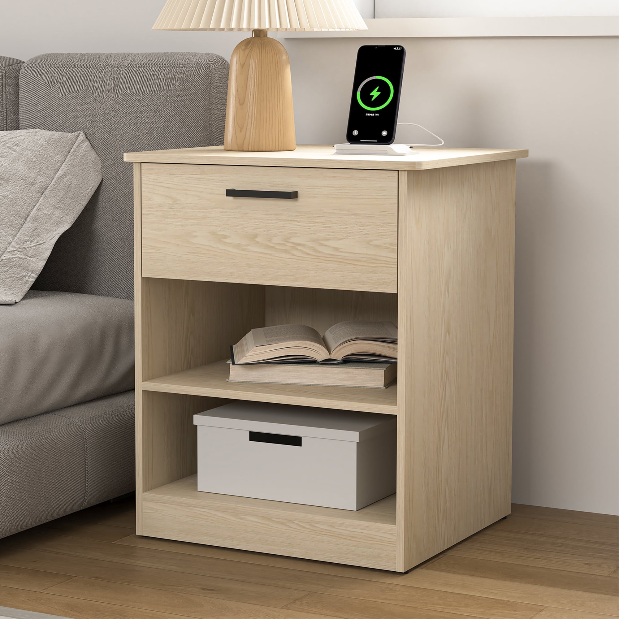 Demi Bonn 18.9" Side Table with Fast Charging Station USB C Cable Fast Charging, Wood End Table Nightstand with Drawer and Shelf for Living Room, Beige