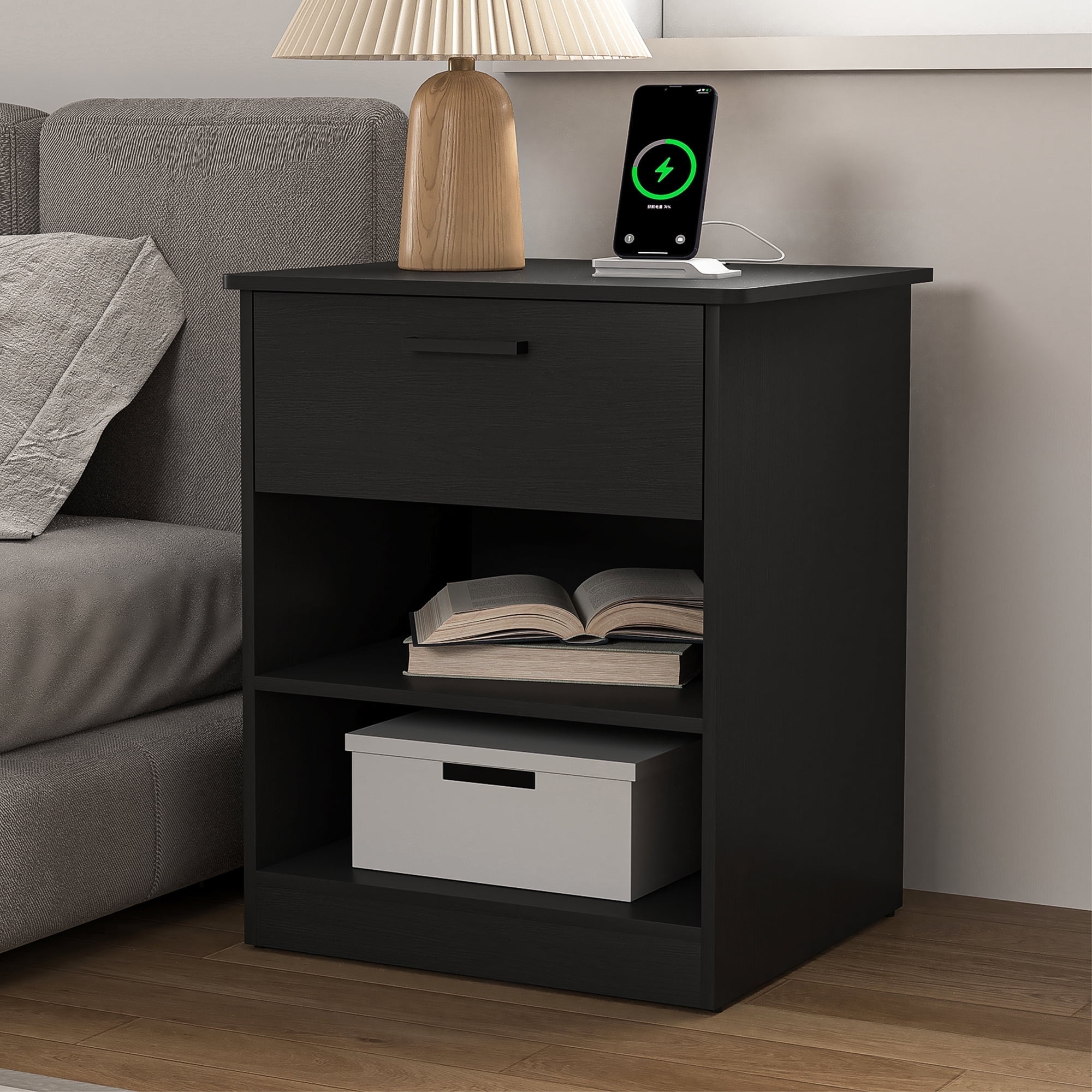 Demi Bonn 18.9" Side Table with Fast Charging Station USB C Cable Fast Charging, Wood End Table Nightstand with Drawer and Shelf for Living Room, Black