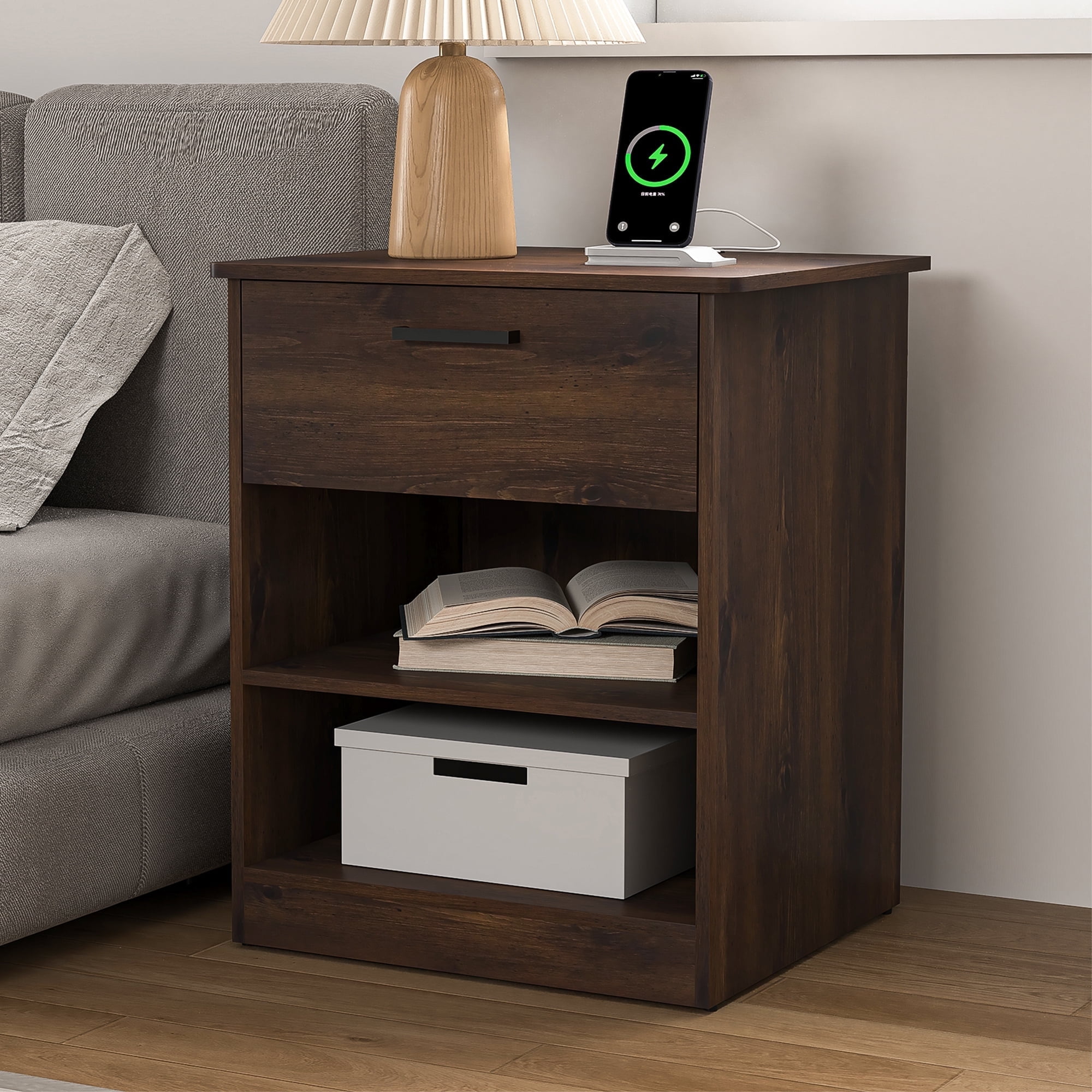 Demi Bonn 18.9" Side Table with Fast Charging Station USB C Cable Fast Charging, Wood End Table Nightstand with Drawer and Shelf for Living Room, Brown