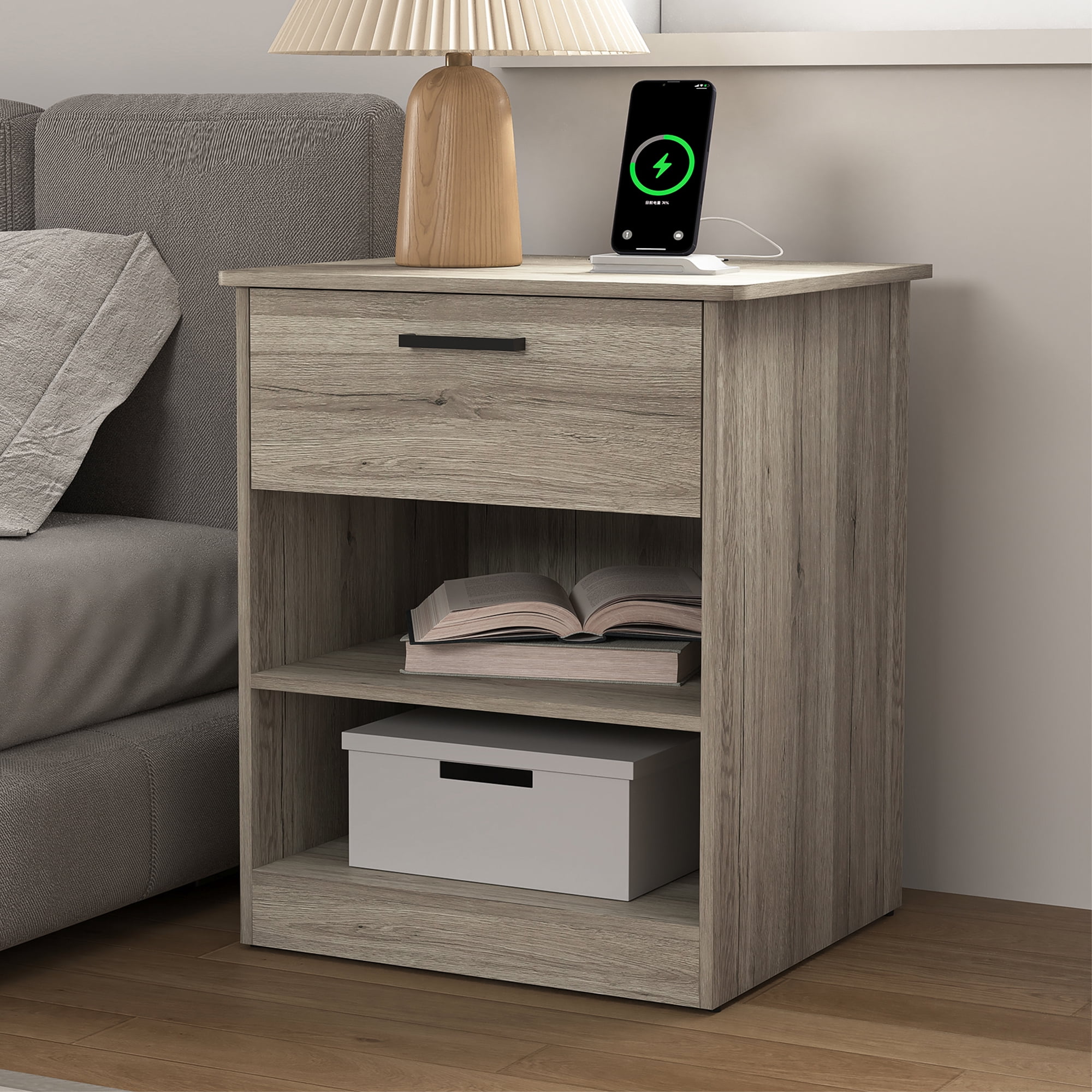 Demi Bonn 18.9" Side Table with Fast Charging Station USB C Cable Fast Charging, Wood End Table Nightstand with Drawer and Shelf for Living Room, Gray
