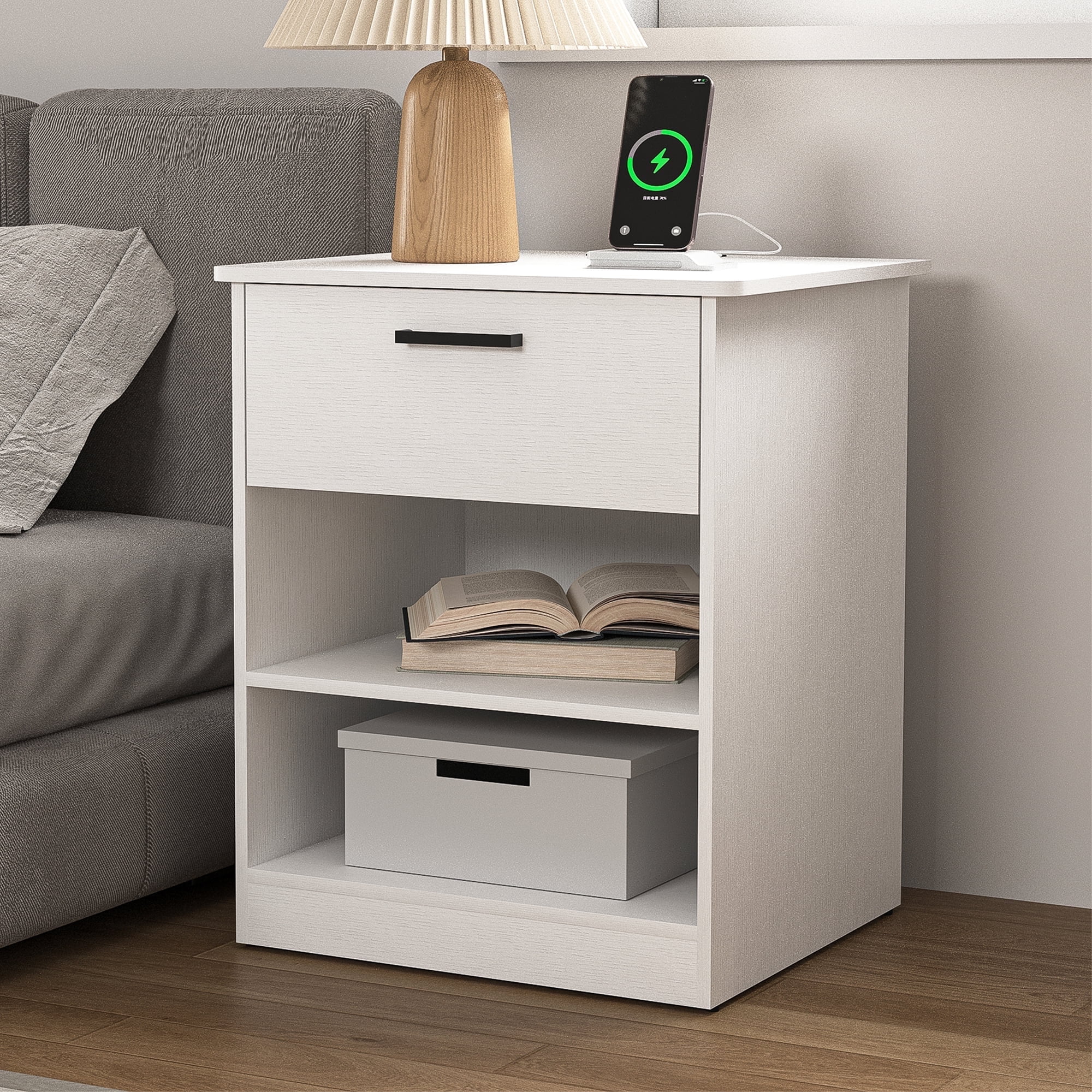 Demi Bonn 18.9" Side Table with Fast Charging Station USB C Cable Fast Charging, Wood End Table Nightstand with Drawer and Shelf for Living Room, White