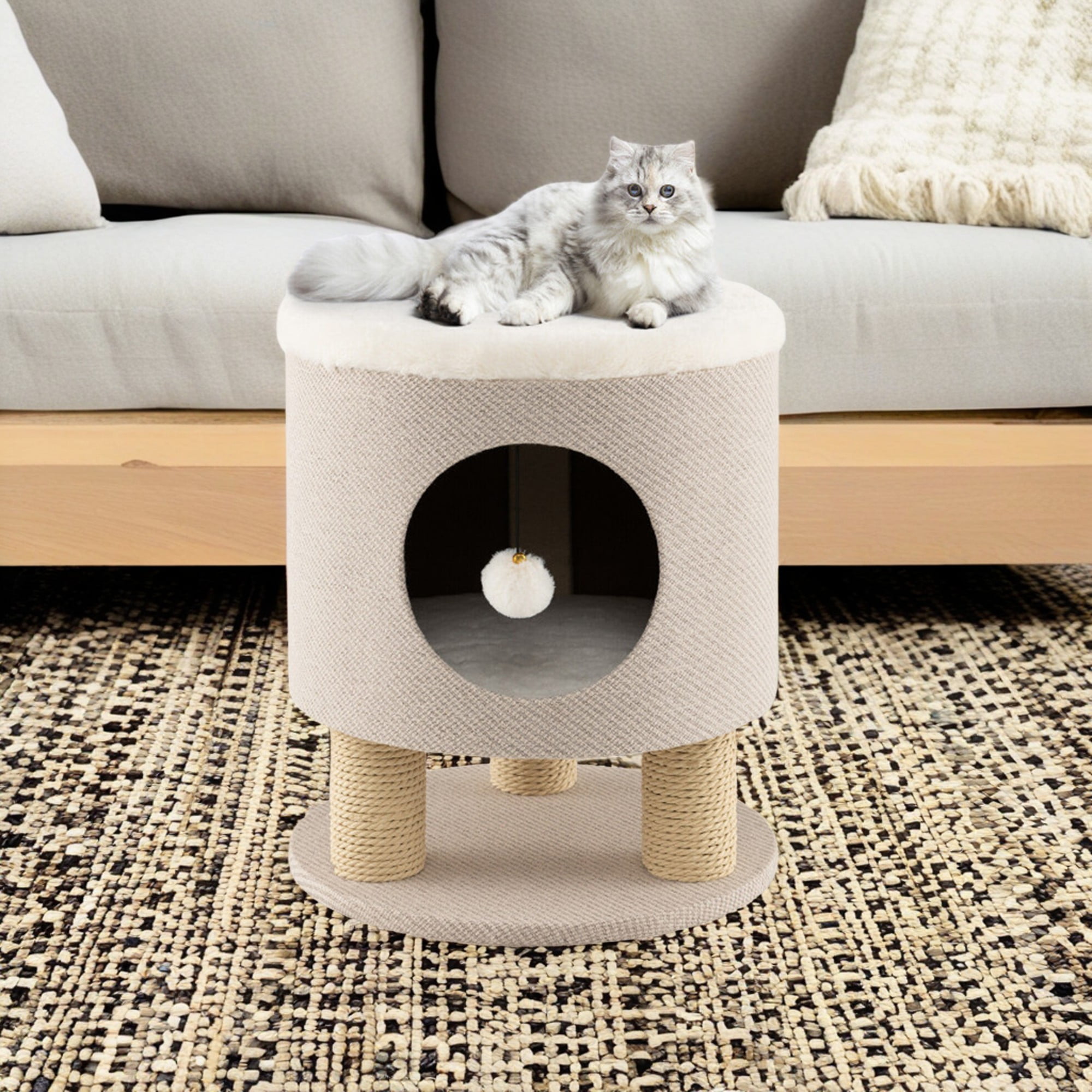 Kadyn 18" Cat House for Indoor Cats with Scratching Posts and Plush Ball Toy, Modern Cat Cave Bed, Cat Nest Condo Cute Cat Shelter, Beige