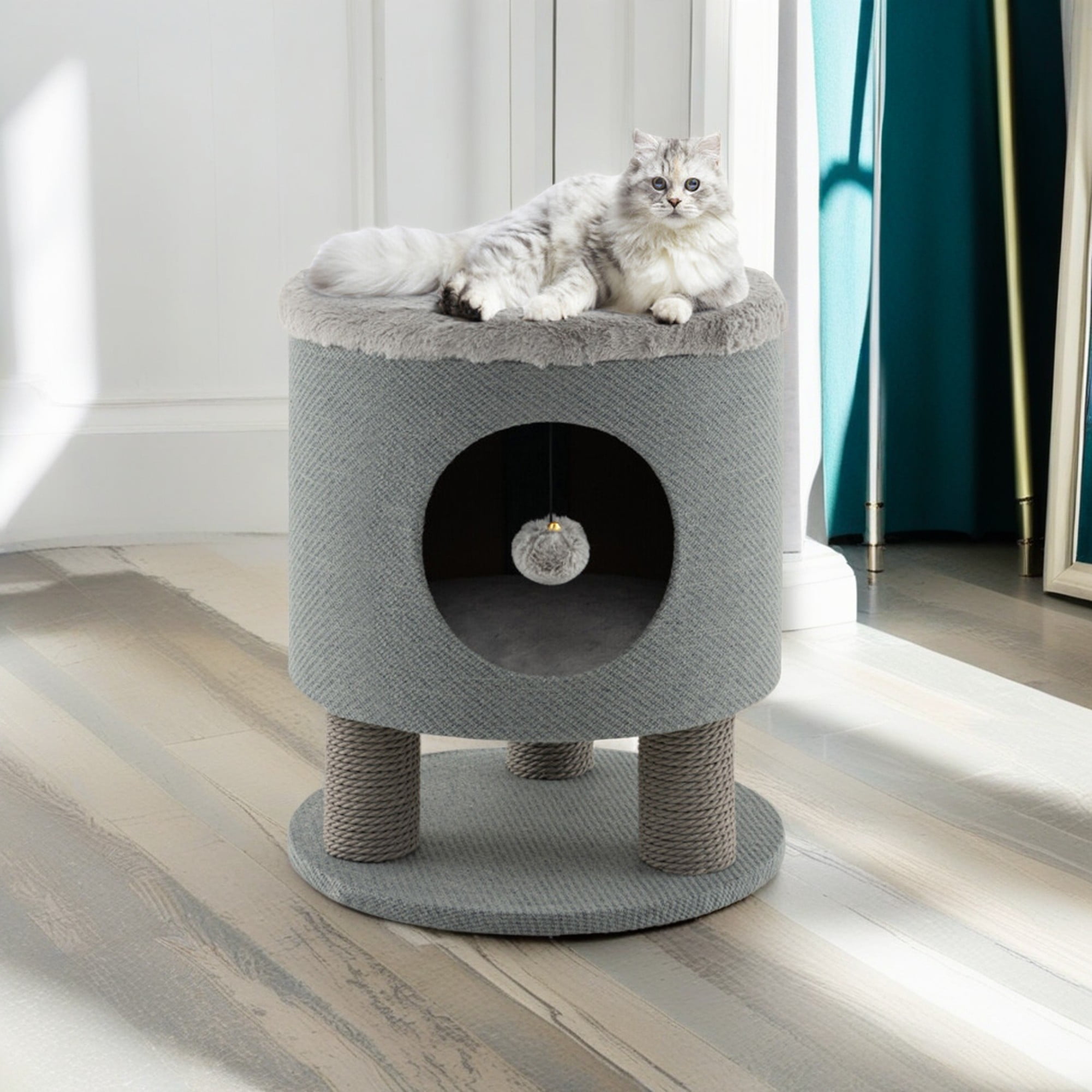 Kadyn 18" Cat House for Indoor Cats with Scratching Posts and Plush Ball Toy, Modern Cat Cave Bed, Cat Nest Condo Cute Cat Shelter, Gray