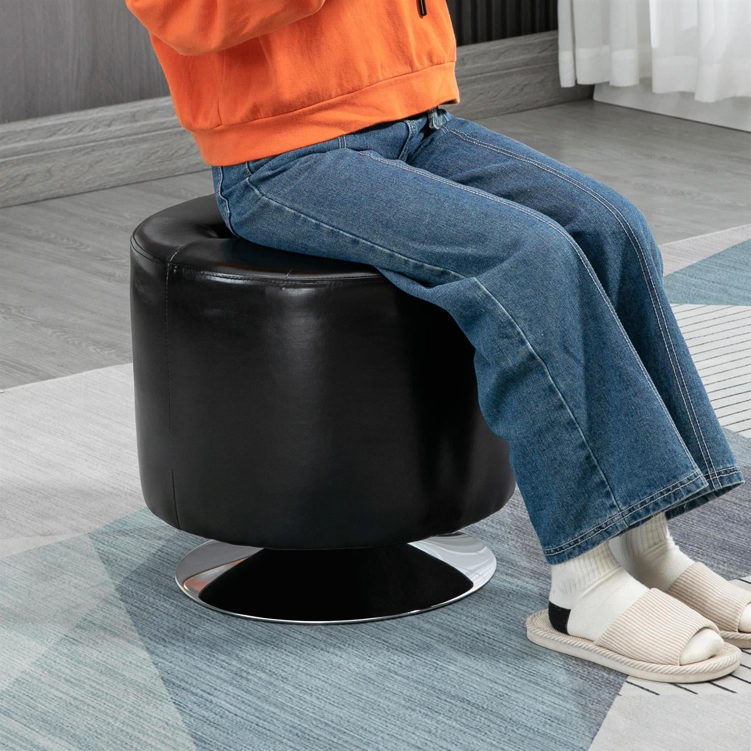 Demi Bonn 18" PU Leather Ottoman with 360° Swivel, Thick Sponge Padding & Solid Steel Base for Home Use, Comfortable Stool, Black