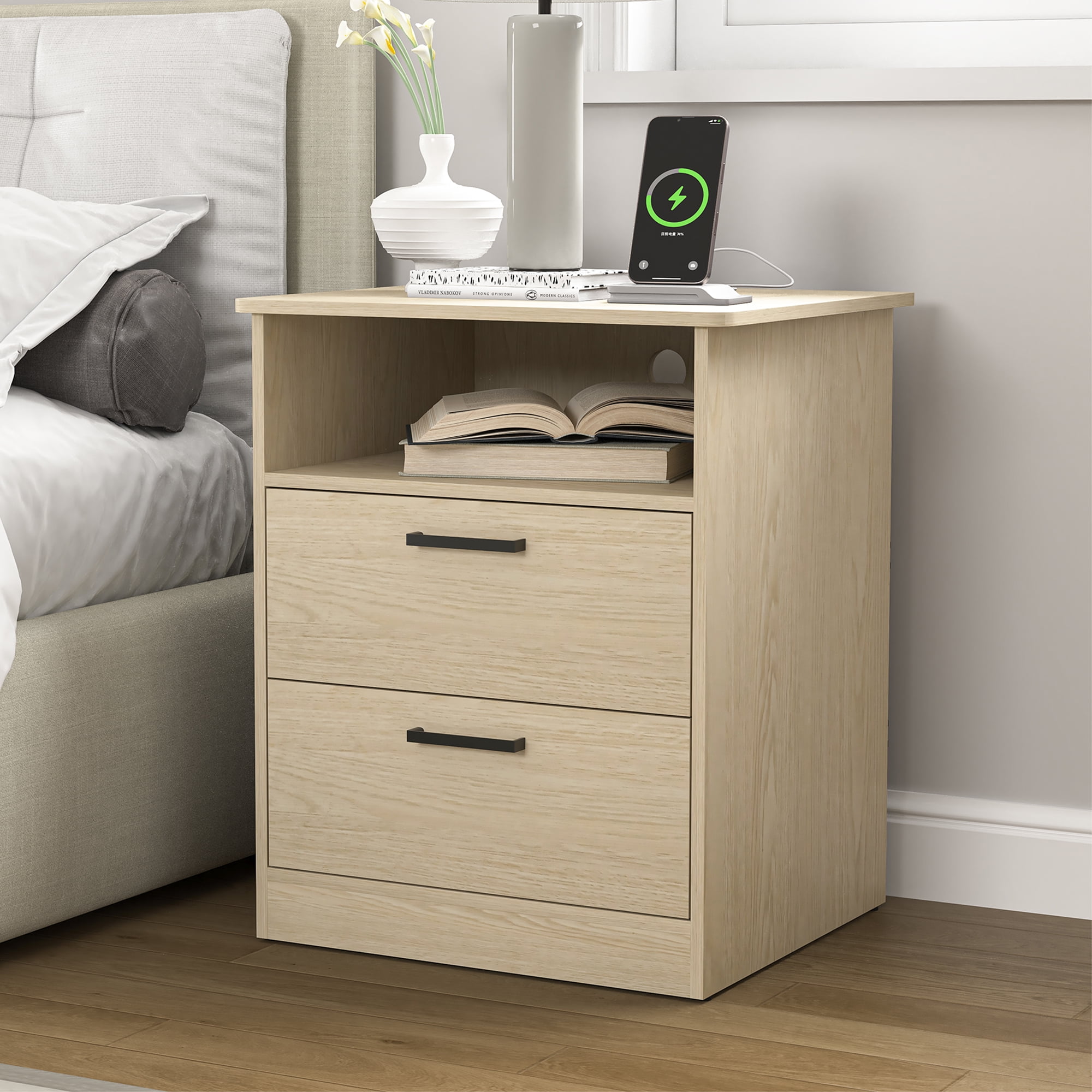 Demi Bonn 18" Side Table with Fast Charging Station USB C Cable Fast Charging, End Table Nightstand with Drawer and Shelf for Bedroom, Living Room, Beige