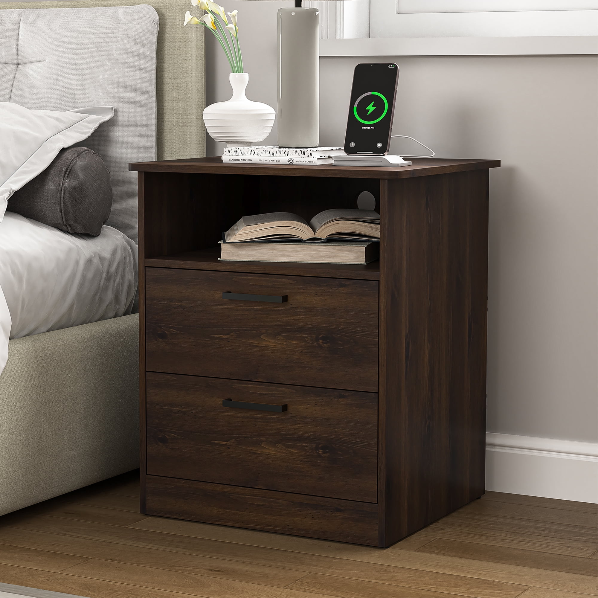 Demi Bonn 18" Side Table with Fast Charging Station USB C Cable Fast Charging, End Table Nightstand with Drawer and Shelf for Bedroom, Living Room, Brown