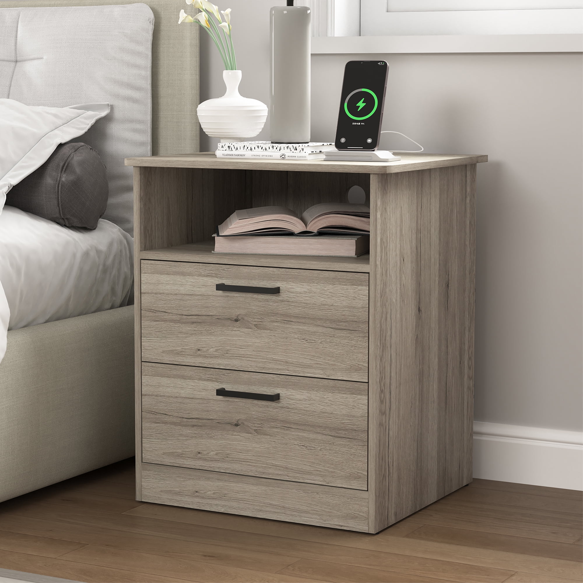 Demi Bonn 18" Side Table with Fast Charging Station USB C Cable Fast Charging, End Table Nightstand with Drawer and Shelf for Bedroom, Living Room, Gray