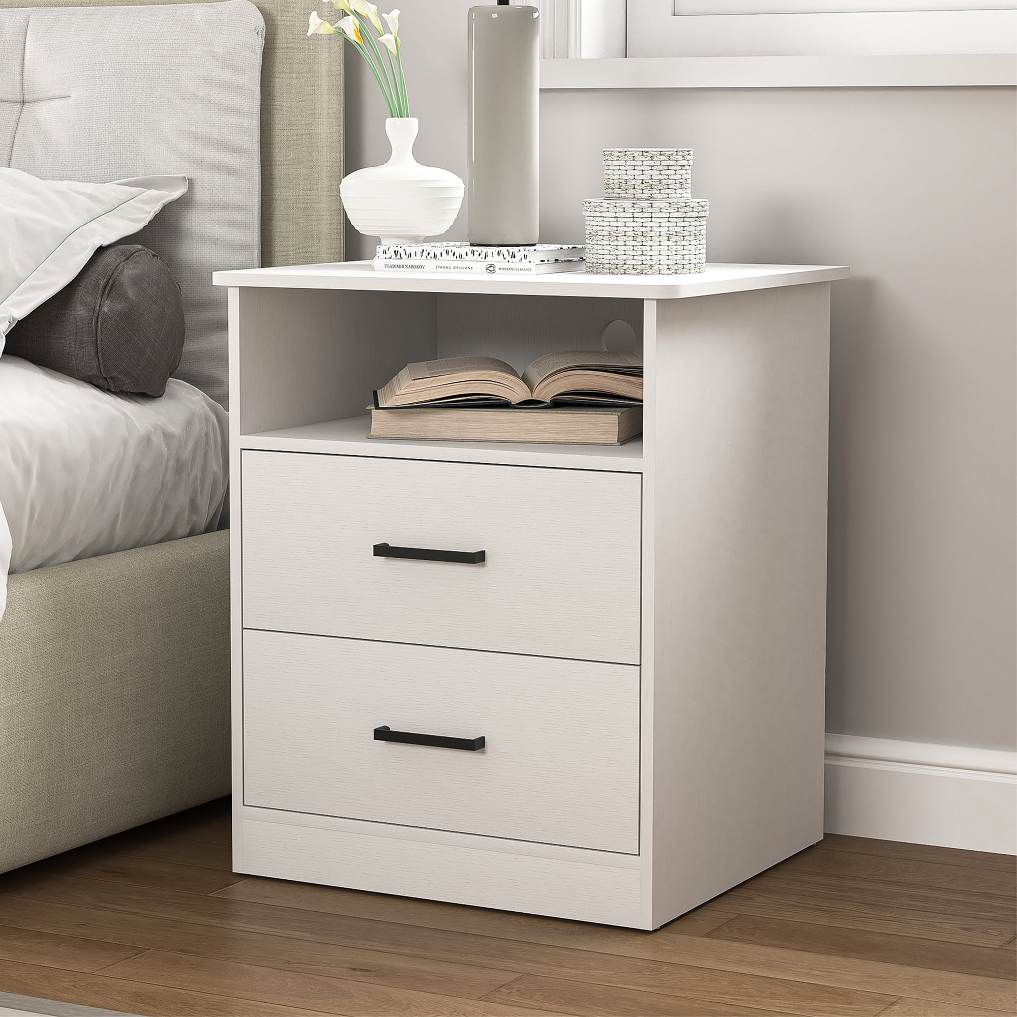 Demi Bonn 18" Side Table with Fast Charging Station USB C Cable Fast Charging, End Table Nightstand with Drawer and Shelf for Bedroom, Living Room, White