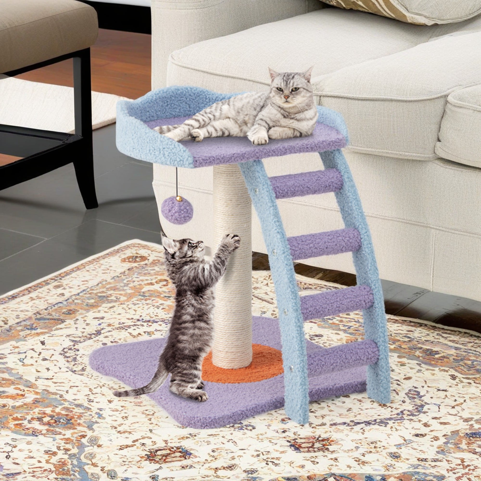 resenkos 19" Cat Scratch Post with Ladder, Indoor Cat Scratching Posts, Cat Scratcher Tree Tower for Furniture, Purple