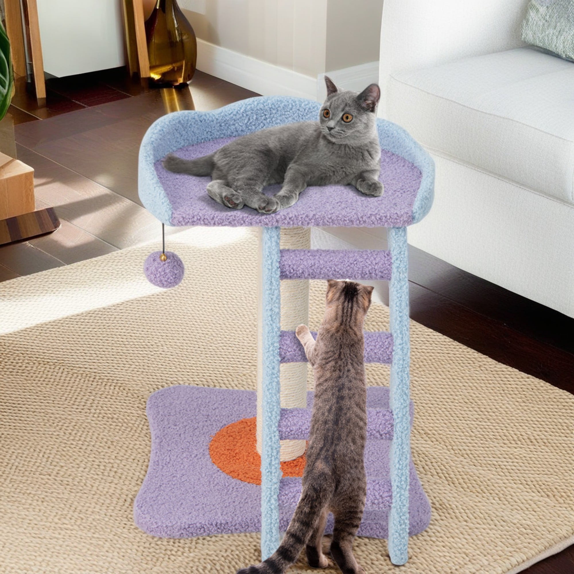 resenkos 19" Cat Scratching Post with Sisal Covered and Ladder, Cat Scratcher Post for Indoor Cats, Cozy Cat Scratch Tree Tower Cat Houses, Purple