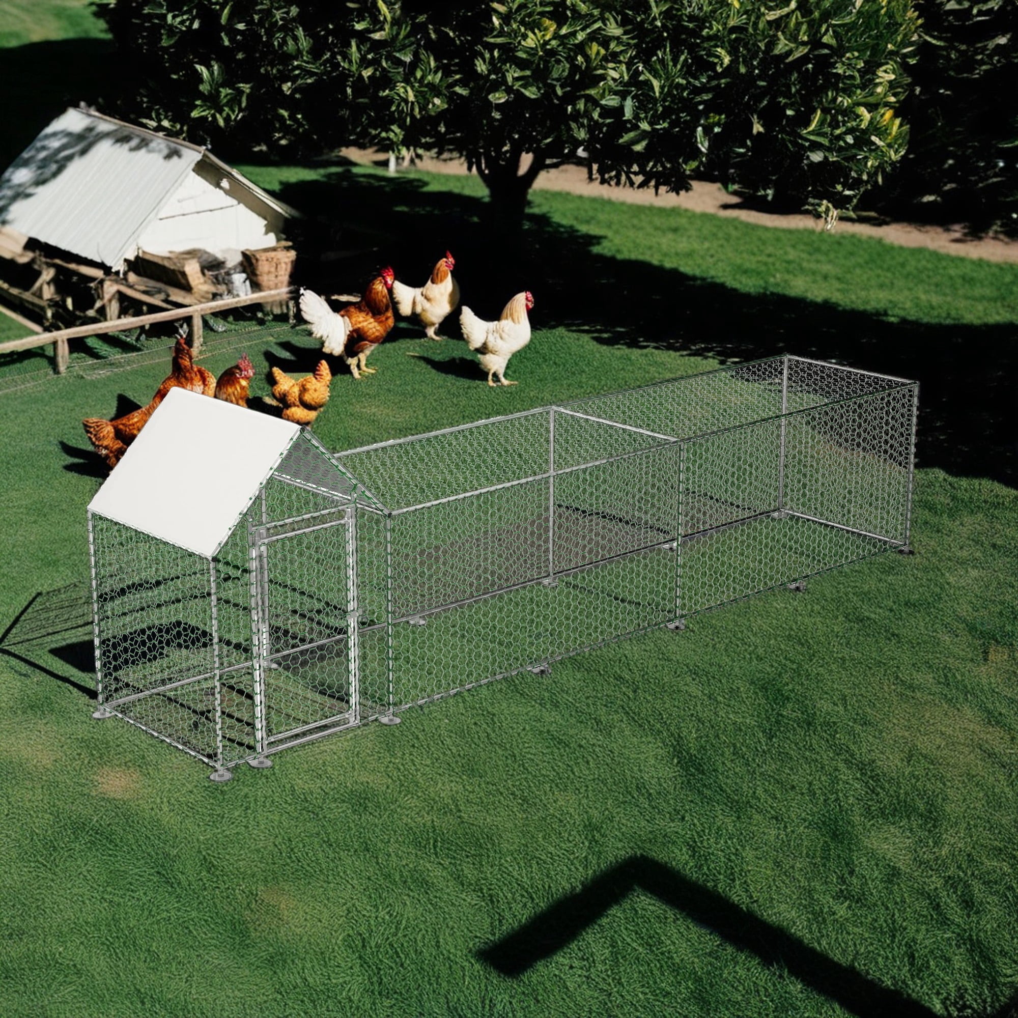 Demi Bonn 196" Large Metal Outdoor Rabbit Hutch Run, Weatherproof Roof Chicken Coop, UV Resistant, Backyard Hen House Poultry Habitat Cage, Silver