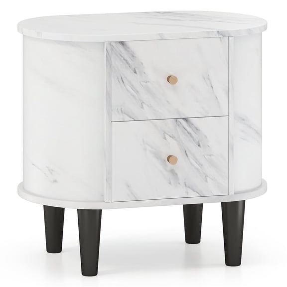 Demi Bonn 2-Drawer Modern Nightstand, Faux Marble Finish & Thickened Board, Sleek Knobs, White
