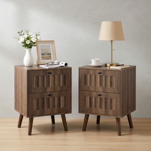 Demi Bonn 2-Pack Modern Medieval Walnut Bedside Tables with Solid Wood Legs, Double-Drawer Nightstands for Bedroom, Particle Board + MDF Construction, Quiet Soft-Close Drawers