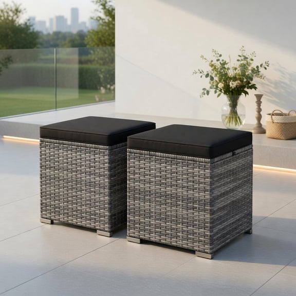 Demi Bonn 2-Pack Outdoor Patio Ottomans with Hidden Storage, Weather-Resistant PE Rattan, Black Removable Cushions