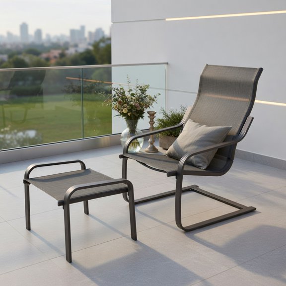Demi Bonn 2 Person Outdoor C Spring Rocking Bistro Set Matching Ottoman All Weather Textilene Mesh Powder Coated Steel Frame Patio Deck Porch Furniture