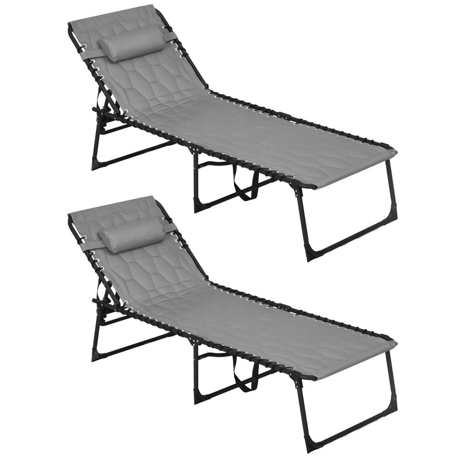 Demi Bonn 2 Piece Folding Chaise Lounge Set with Reclining Back, Portable Outdoor Patio Furniture for Beach, Yard, Gray