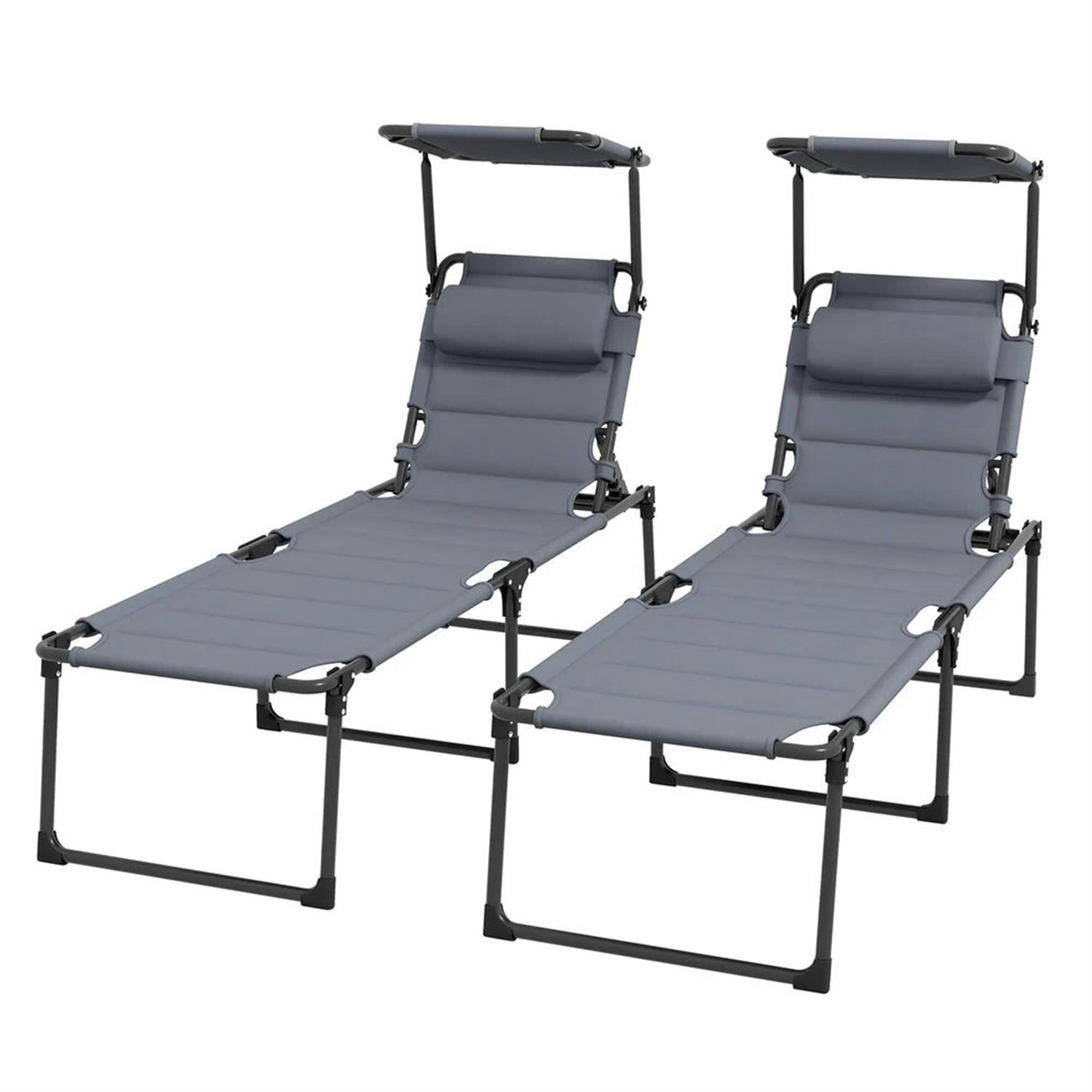 Demi Bonn 2-Piece Outdoor Folding Lounger Chair with 4-Position Backrest, Comfortable Cushions & Sun Canopy for Beach, Yard, Patio, Gray