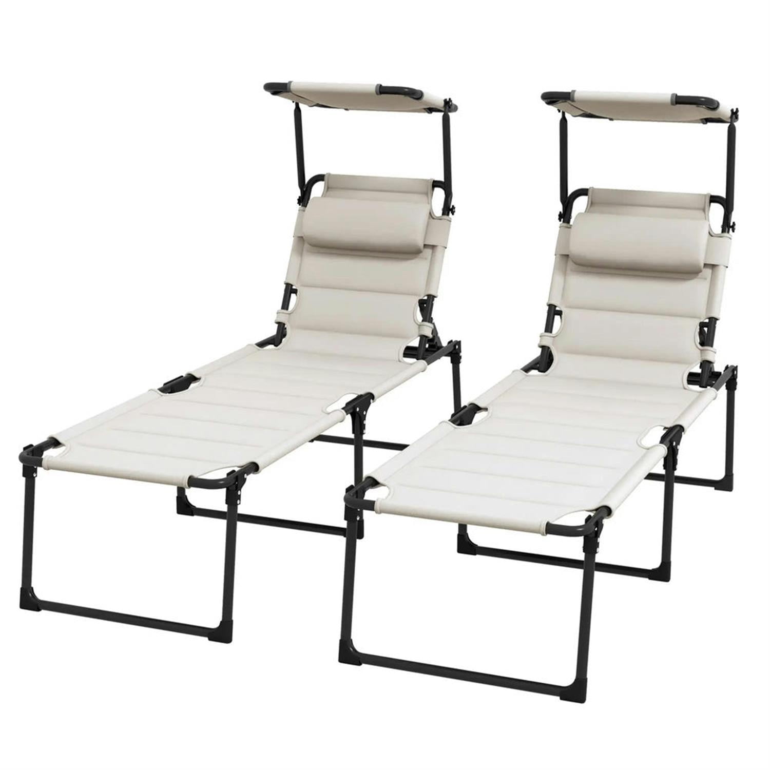 Demi Bonn 2-Piece Outdoor Folding Lounger Chair with 4-Position Backrest, Comfortable Cushions & Sun Canopy for Beach, Yard, Patio, White