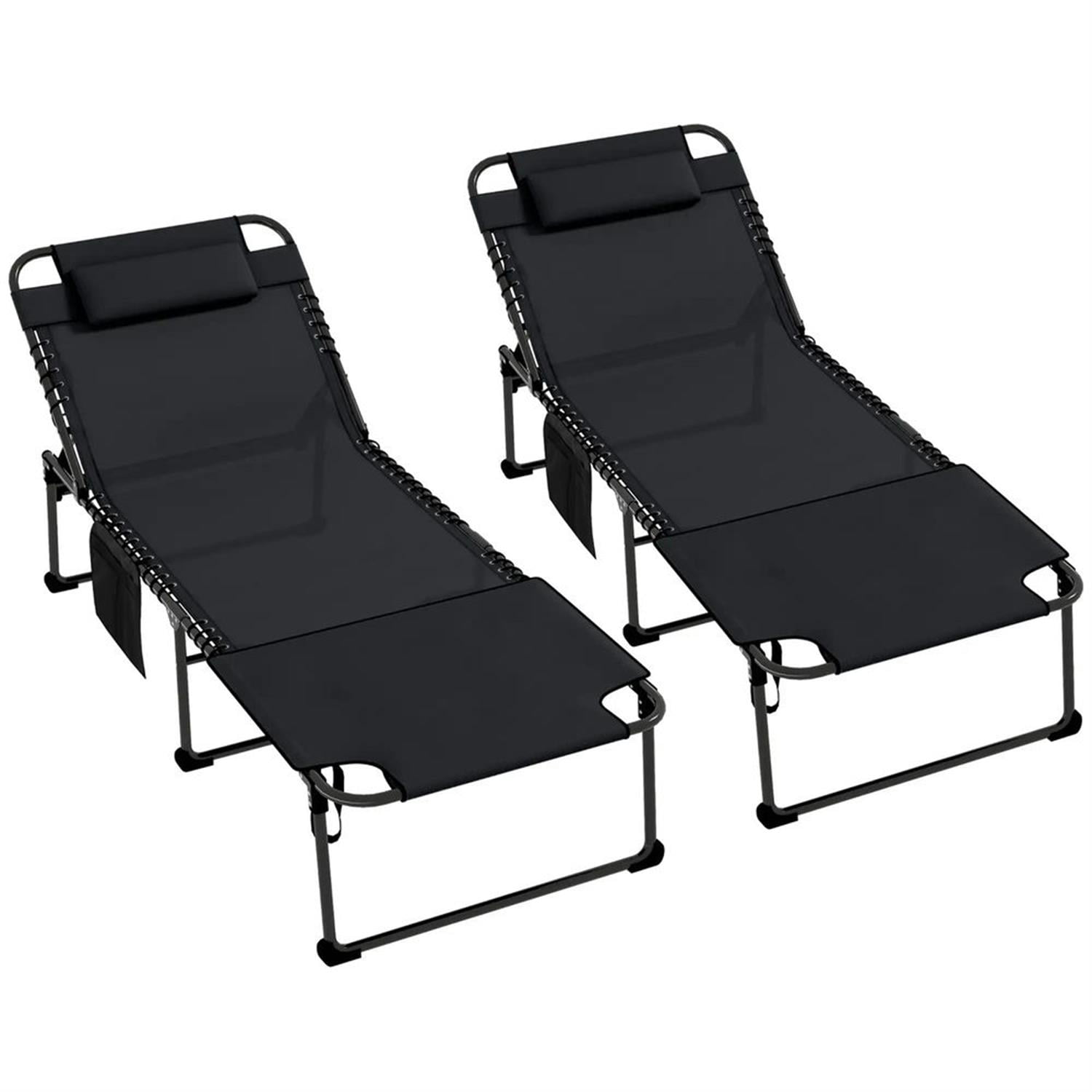 Demi Bonn 2 Piece Outdoor Folding Lounger Chaise with Reclining, Heavy Duty Frame, Portable Relaxation for Beach, Yard, Patio, Black