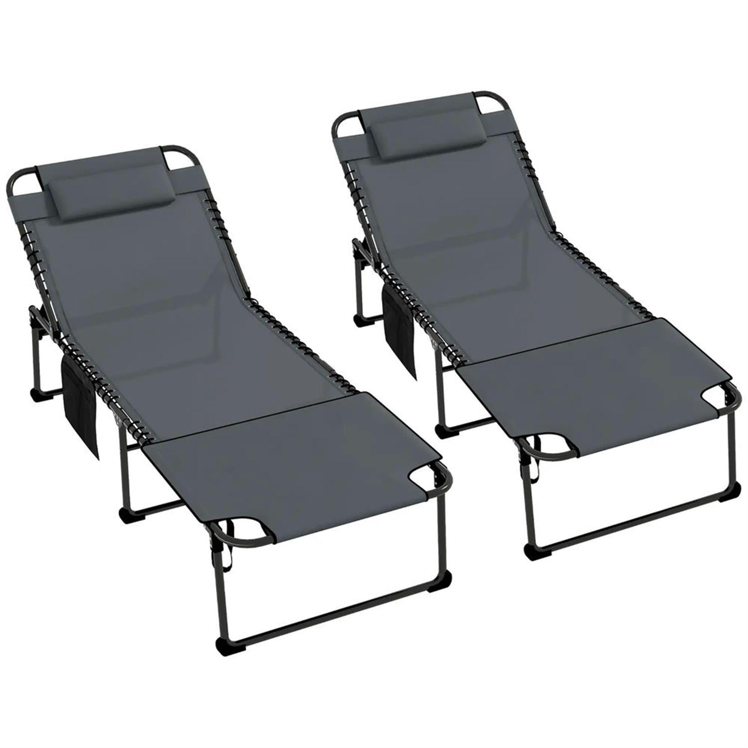 Demi Bonn 2 Piece Outdoor Folding Lounger Chaise with Reclining, Heavy Duty Frame, Portable Relaxation for Beach, Yard, Patio, Gray