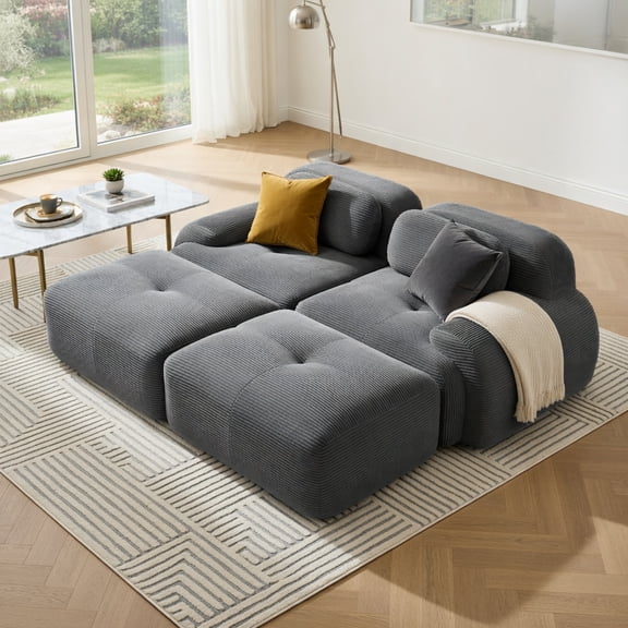 Demi Bonn 2-Seat Modular Sofa, Luxury Corduroy Fabric, Chaise Lounge Design, Curved Armrests, Ergonomic Support, High-Resilience Sponge & Anti-Slip Base, for Living Room Bedroom, Gray