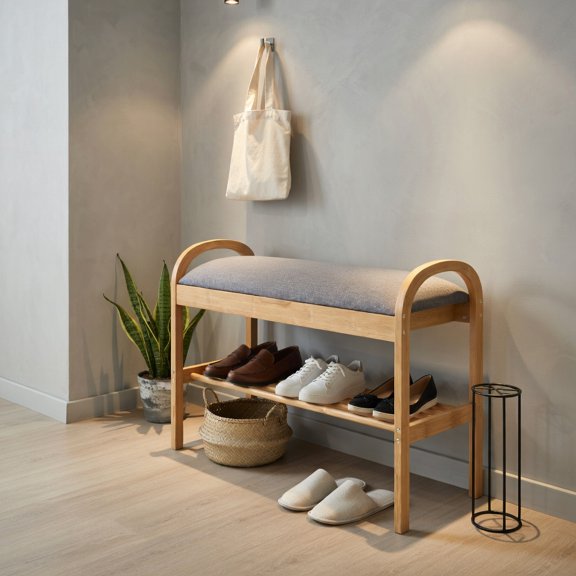 Demi Bonn 2-Tier Bamboo Shoe Bench Crack-Resistant Bamboo Frame Slatted Shelf Hidden Compartment Handles Firm Bolt Connections Entryway Organizer, Natural & Gray