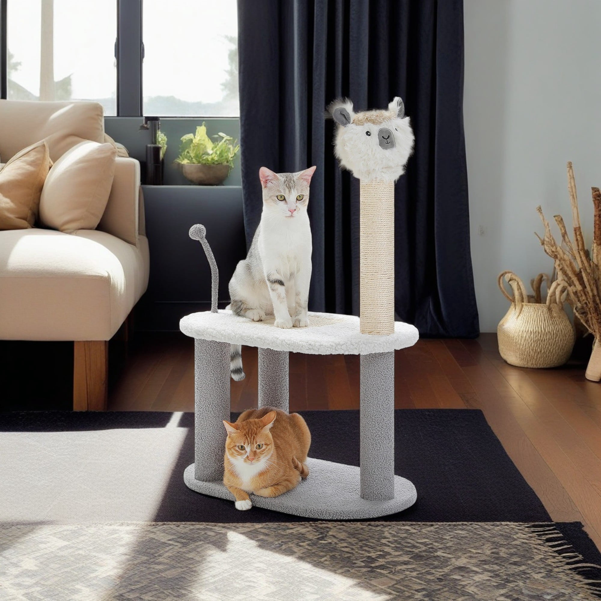 resenkos 2 Tier Cat Tree with Scratching Board and Post for Indoor Cats, Alpaca Shape Cat Tower for Kittens, Gray