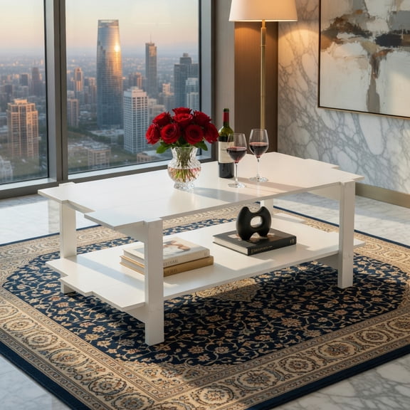 Demi Bonn 2-Tier Coffee Table - Slatted Wood Top, Storage Shelf, Crossbar Reinforced, White
