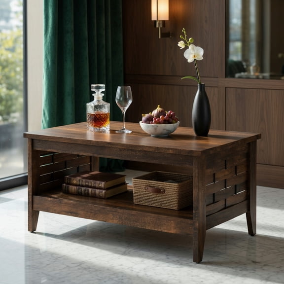 Demi Bonn 2-Tier Farmhouse Coffee Table - Open Shelf, Woven Decorations, Rustic Design, Rustic Brown