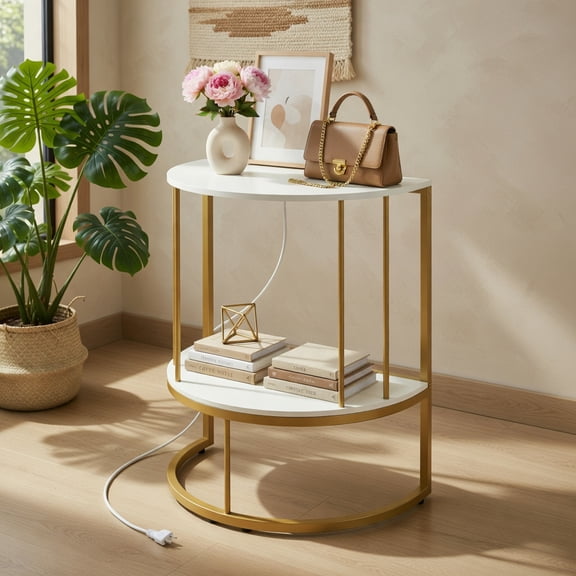 Demi Bonn 2-Tier Half Moon Console Table with Built-in Power Outlets & Storage Shelves, Modern Small Space Hallway Sofa Table, Black & Gold