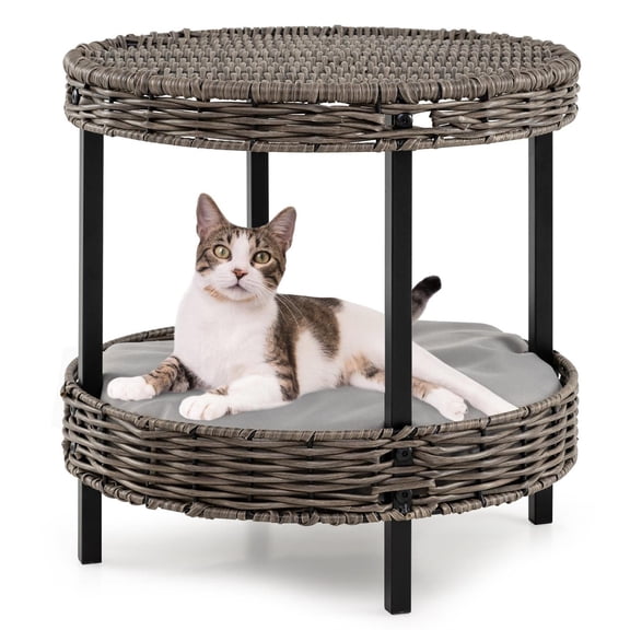 Pefilos 2-Tier Rattan Cat Nest, Removable Padded Cushion, Metal Legs & Ottoman Design, Gray