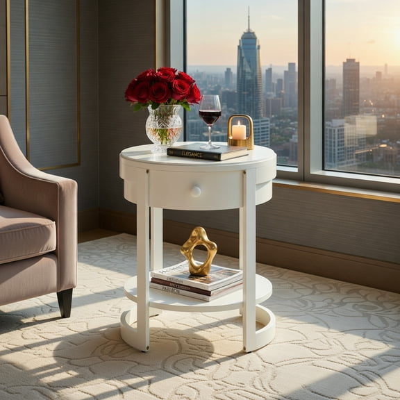 Demi Bonn 2-Tier Round End Table, Mid-Century Design, Pull-Out Drawer, Rubber Wood Legs, White