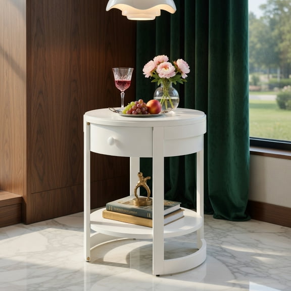 Demi Bonn 2-Tier Round End Table, Mid-Century Design, Pull-Out Drawer, Rubber Wood Legs, White