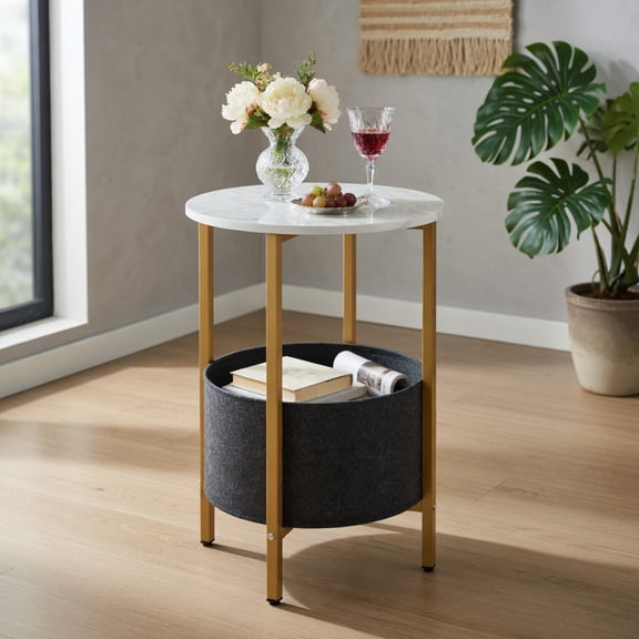 Demi Bonn 2-Tier Round End Table, Removable Fabric Basket, X-Shaped Base, Metal Frame, White