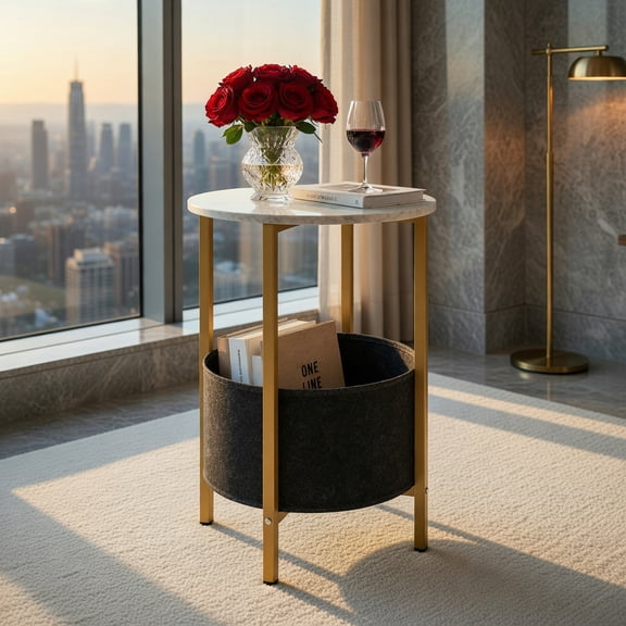Demi Bonn 2-Tier Round End Table, Removable Fabric Basket, X-Shaped Base, Metal Frame, White
