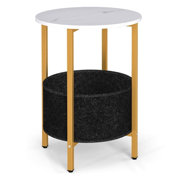 Demi Bonn 2-Tier Round End Table, Removable Fabric Basket, X-Shaped Base, Metal Frame, White