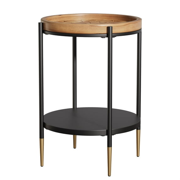 Demi Bonn 2-Tier Round End Table - Solid Wood Tabletop + Metal Frame, Industrial Vintage Style, Dual-Level Storage & Display, for Living Room/Bedroom, Rustic Brown & Black