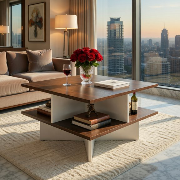 Demi Bonn 2-Tier Square Coffee Table - 4 Storage Compartments, Cross Base, Rustic Brown & White