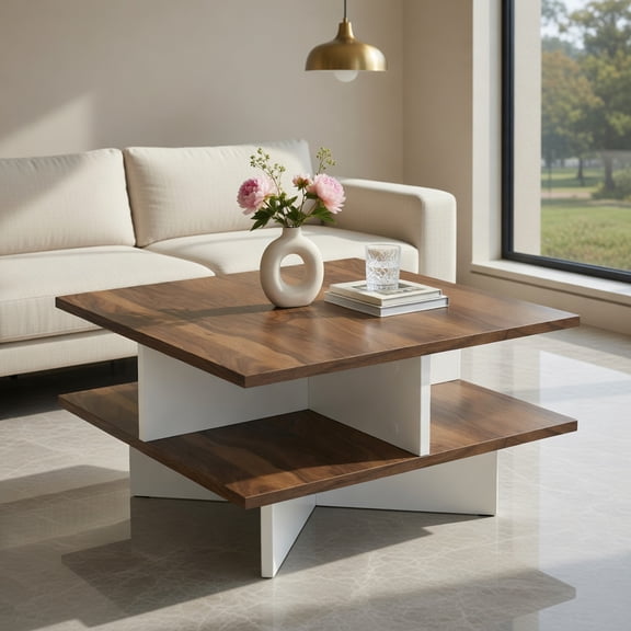 Demi Bonn 2-Tier Square Coffee Table - 4 Storage Compartments, Cross Base, Walnut & White