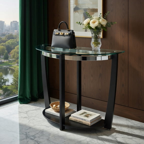 Demi Bonn 2-Tier Tempered Glass Console Table with Clear Glass Top & Open Shelf, Modern Half-Moon Entryway Table with Rubber Wood Legs for Hallway Living Room, Black